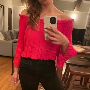 Red, sheer and pleated OTS top